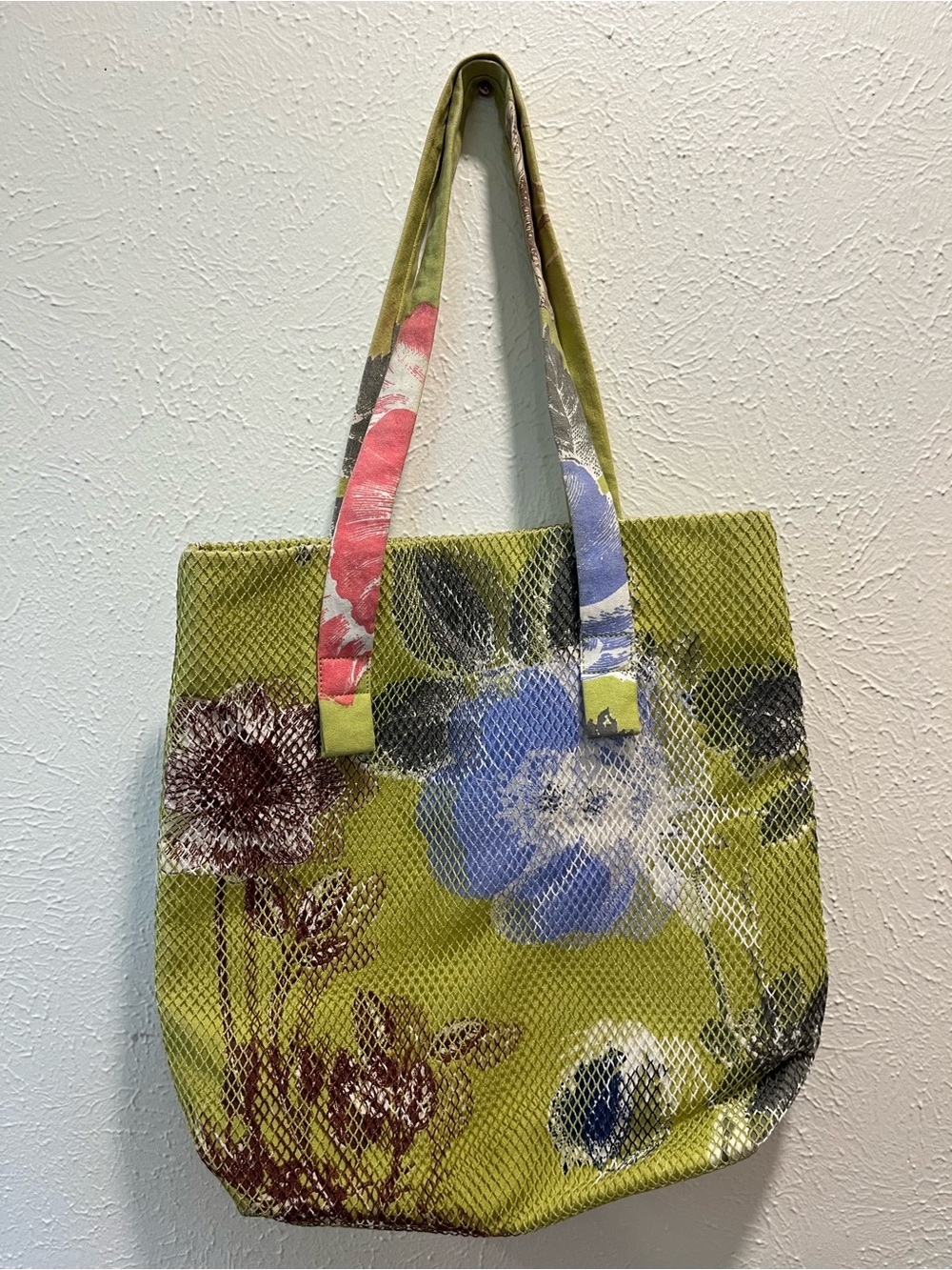 Anthropologie Olive Green Floral Mesh Tote with Blue and Pink Accents